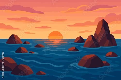 Dramatic rocky sea landscape at sunset, ocean stones and boulders in blue water, scenic seascape with vibrant pink clouds, tranquil evening coastal nature vector illustration