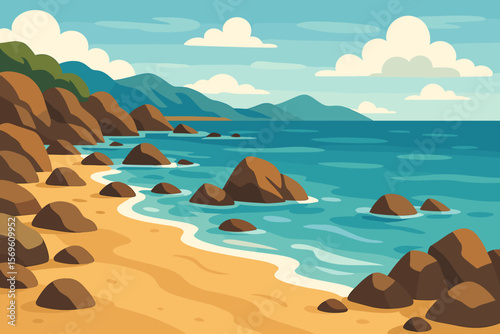 Rocky beach coastline landscape. Scenic sea shore with large boulders, sandy beach, waves, blue ocean, mountains, clouds. Modern flat vector cartoon illustration for travel, nature, summer.
