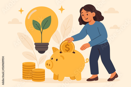 Sustainable finance and energy saving concept. Woman putting coin in piggy bank, green idea light bulb, investment, money growth, eco innovation, modern flat vector illustration