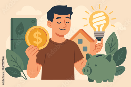 Eco-friendly energy saving and money management concept. Man holding coin and LED light bulb, piggy bank, green home, sustainable lifestyle, energy efficiency illustration
