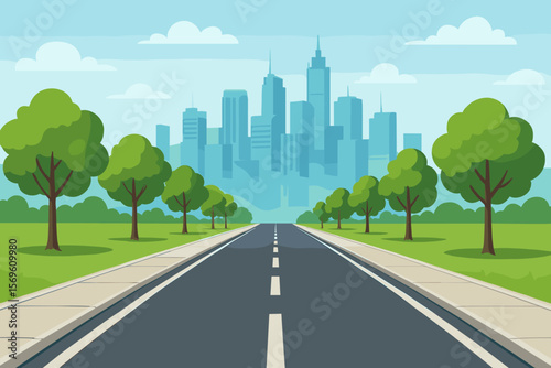 Modern city skyline with skyscrapers, straight highway road, sidewalk, curbs, green park, aligned trees, urban landscape, suburban route, travel to metropolis, summer day, blue sky