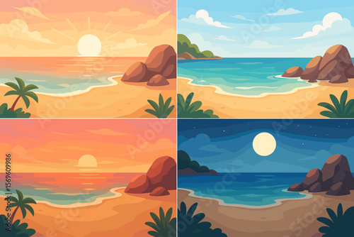Tropical beach landscape collection. Cartoon sandy shore with rocks, palm trees, blue sea. Sunrise, sunset, daytime, night. Seaside backgrounds for summer design, travel, vacation.