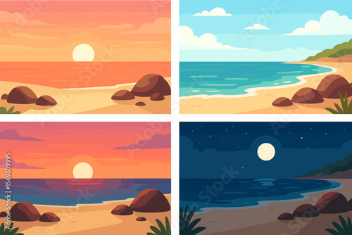 Stunning vector beach landscapes set. Sandy shore with rocks, ocean waves, sunrise, sunset, daytime, night, starry sky. Coastal backgrounds for summer, travel, design projects