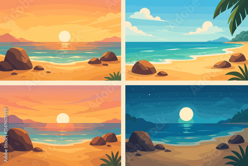 Coastal beach landscape vector set. Sandy shore with rocks, ocean waves, tropical plants. Day, night, sunrise, sunset backgrounds. Seaside nature scene collection for design
