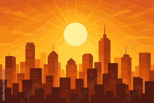 Vibrant sunrise or sunset over modern city skyline. Bright sun illuminates urban skyscraper silhouettes, metropolis buildings, cityscape panorama. Flat vector illustration