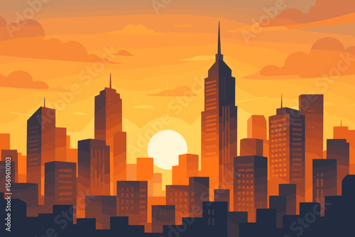 Modern city skyline at sunrise or sunset, glowing sun illuminating silhouettes of skyscrapers, urban buildings, orange sky, flat vector illustration, cityscape background