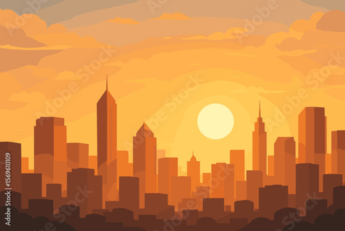 Sunrise or Sunset Over Modern City Skyline. Bright Sun Illuminates Urban Skyscraper Silhouettes. Vibrant Flat Vector Cartoon. Cityscape, Architecture, Downtown, Urban Morning or Evening