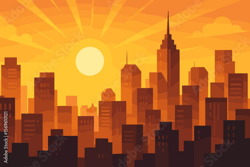 Sunset or sunrise over modern city skyline with bright sunlight illuminating skyscraper silhouettes, urban metropolis landscape, flat vector cartoon illustration