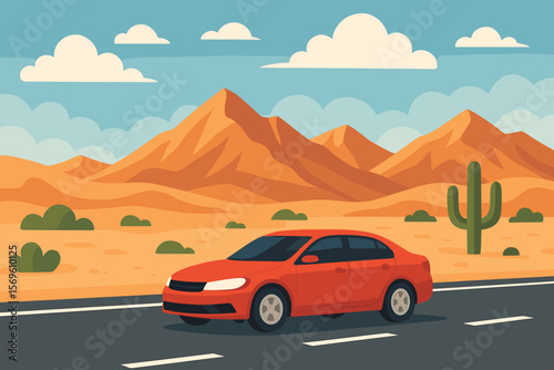 Red car driving on highway through desert landscape with mountains, cactus, blue sky, clouds. Road trip travel adventure concept. Modern flat vector cartoon illustration