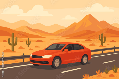 Red car driving on highway through desert landscape with cacti and mountains, scenic road trip adventure, travel journey, modern flat vector illustration, summer vacation concept