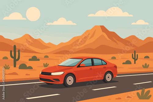 Red car driving on highway through desert landscape with mountains, cacti, blue sky, road trip adventure, travel journey, scenic nature, modern flat vector illustration