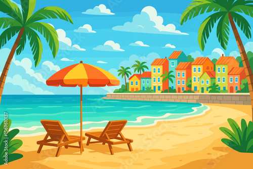 Vibrant coastal town with colorful houses, palm trees, sandy beach, sun loungers, umbrella, blue ocean, summer sky, tropical resort vacation seascape illustration
