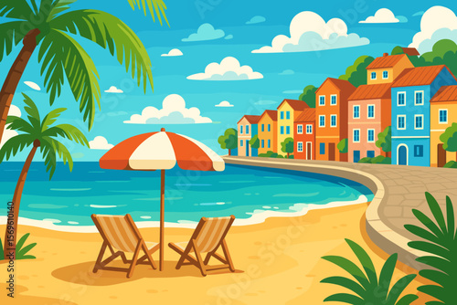 Vibrant coastal town with colorful houses, palm trees, sandy beach, sun loungers, umbrella, blue ocean, summer sky, relaxing holiday destination, Mediterranean seaside