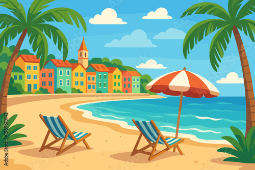 Vibrant coastal town with colorful houses, sandy beach, palm trees, sun loungers, striped umbrella, blue sky, fluffy clouds, summer seaside vacation, scenic ocean view