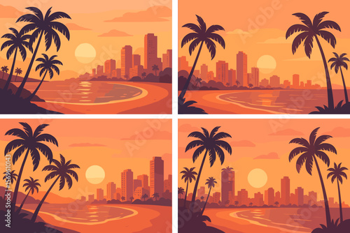 Tropical city beach sunset postcard set. Vibrant cityscape with palm trees, skyline, ocean shore, paradise coast, urban buildings, summer travel, tranquil evening seascape