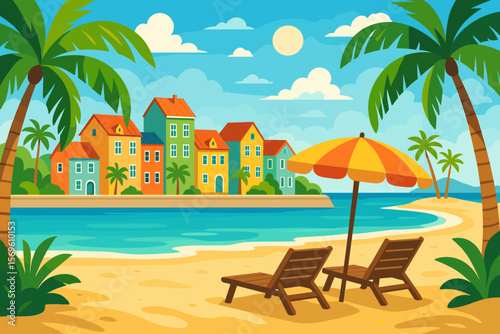 Vibrant coastal town with colorful houses, sunny sandy beach, palm trees, sun loungers, umbrella, blue sky, clouds, tropical ocean, summer vacation landscape illustration