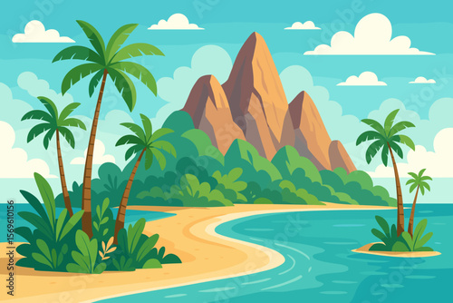 Tropical island paradise vector illustration. Sandy beach, palm trees, lush exotic plants, turquoise ocean, rocky mountains, blue sky, clouds. Summer travel nature landscape.
