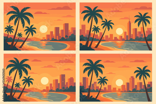 Tropical city beach postcards set with palm trees, sunset skyline, coastal landscapes, paradise coast, ocean waves, urban skyline, summer vacation scenes, tropical sunset views