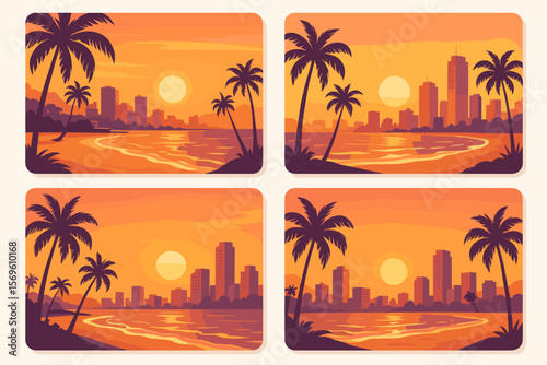 Tropical city beach sunset postcards set. Urban skyline silhouettes, palm trees, paradise coast, golden sea, summer travel, cityscape, vibrant evening, vacation illustration