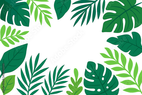 Tropical leaves frame border with space for text. Palm branches, monstera, jungle foliage. Modern flat vector illustration. Paradise rainforest botanical design template background