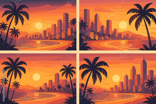 Tropical city skyline beach sunset postcard set. Urban coast landscape with palm trees, high-rise buildings, golden hour, paradise seaside, modern architecture, vacation concept