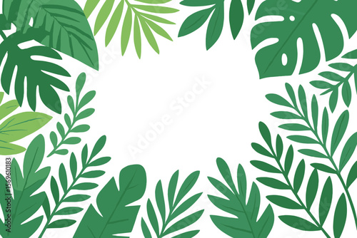 Tropical leaves frame border with palm branches, monstera, jungle foliage. Green botanical background, blank space for text. Modern flat vector illustration for summer, paradise, nature design