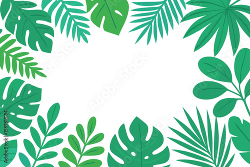 Tropical leaves frame border with palm branches, exotic jungle foliage, green monstera, botanical nature background, blank space for text, modern flat vector illustration
