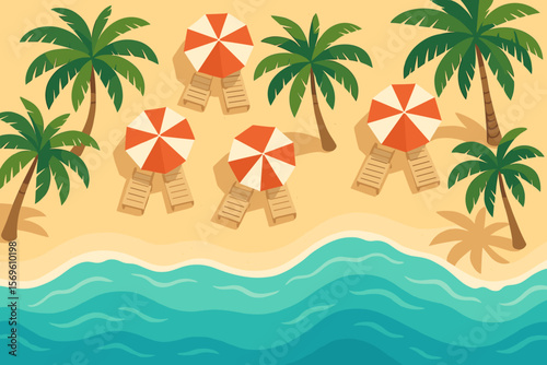 Tropical paradise beach top view with red and white umbrellas, sun loungers, green palm trees, sandy shore and turquoise ocean waves, summer vacation vector illustration