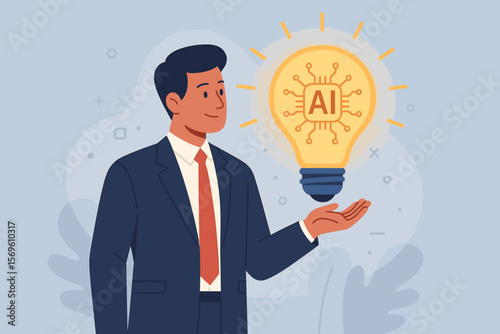 AI Artificial Intelligence technology concept. Businessman holding glowing lightbulb with AI microchip symbol. Innovation, smart idea, creativity, and future tech solution.