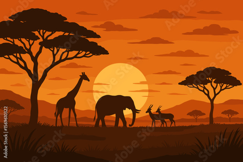 African safari sunset landscape with wild animal silhouettes. Elephant, giraffe, and antelopes in the savanna with acacia trees. Modern flat vector cartoon illustration.