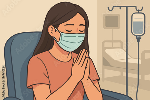 Sad Asian woman in a face mask praying for a sick loved one in the hospital. Concept of hope, worry, faith, and support during illness, pandemic, or disease. Vector cartoon.