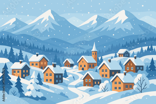 Winter village landscape with snowy houses, pine trees, church, mountains and hills, snow falling, ski resort scene, peaceful rural countryside, modern flat illustration