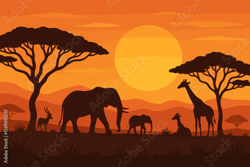 African safari landscape at sunset with wild animal silhouettes. Vector illustration of an elephant family, giraffes, and antelope in the savanna with acacia trees. Nature background.