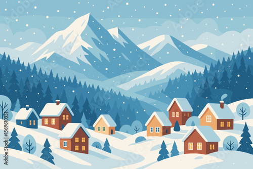 Winter village landscape with cozy houses, snowy pine forest, majestic mountains, falling snow, peaceful ski resort scene, holiday season, modern flat vector illustration