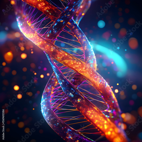 A luminous and intricate double helix structure, resembling DNA, glows with vibrant orange, blue, and purple particles against a dark background
