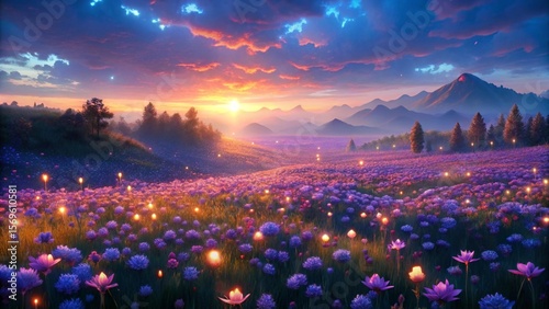 Blue And Purple Flowers Field At Sunset With Magical Light

