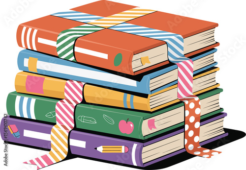 A colorful stack of books tied with patterned ribbons sitting on a white surface illustration