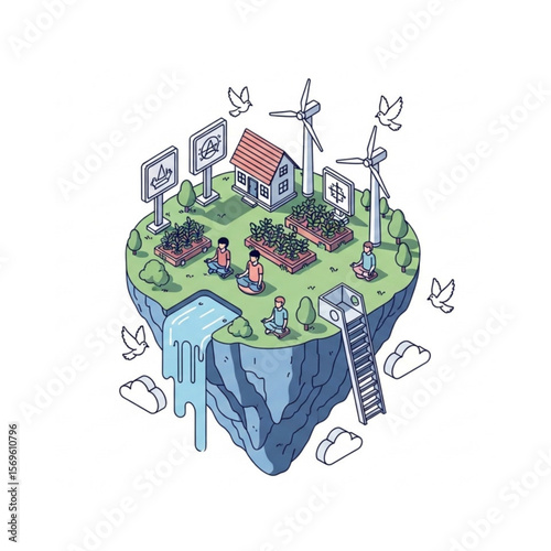 Isometric illustration showing sustainable living on a floating island with gardening, wind turbines, a house, and people meditating.