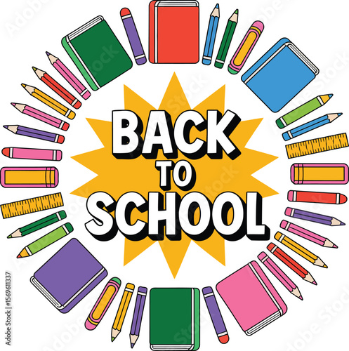 Back to school supplies arranged in a circle around the text back to school on a light background