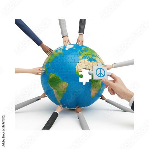 Diverse hands collaboratively assemble a global puzzle, completing it with a peace symbol.