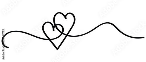 Hand drawn doodle heart continuous one line drawing,  heart clipart, love heart, calligraphic heart shape, ribbon, symbol, text divider, isolated on white background