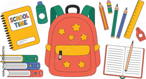 Illustration of a backpack surrounded by school supplies on a light gray background color scheme
