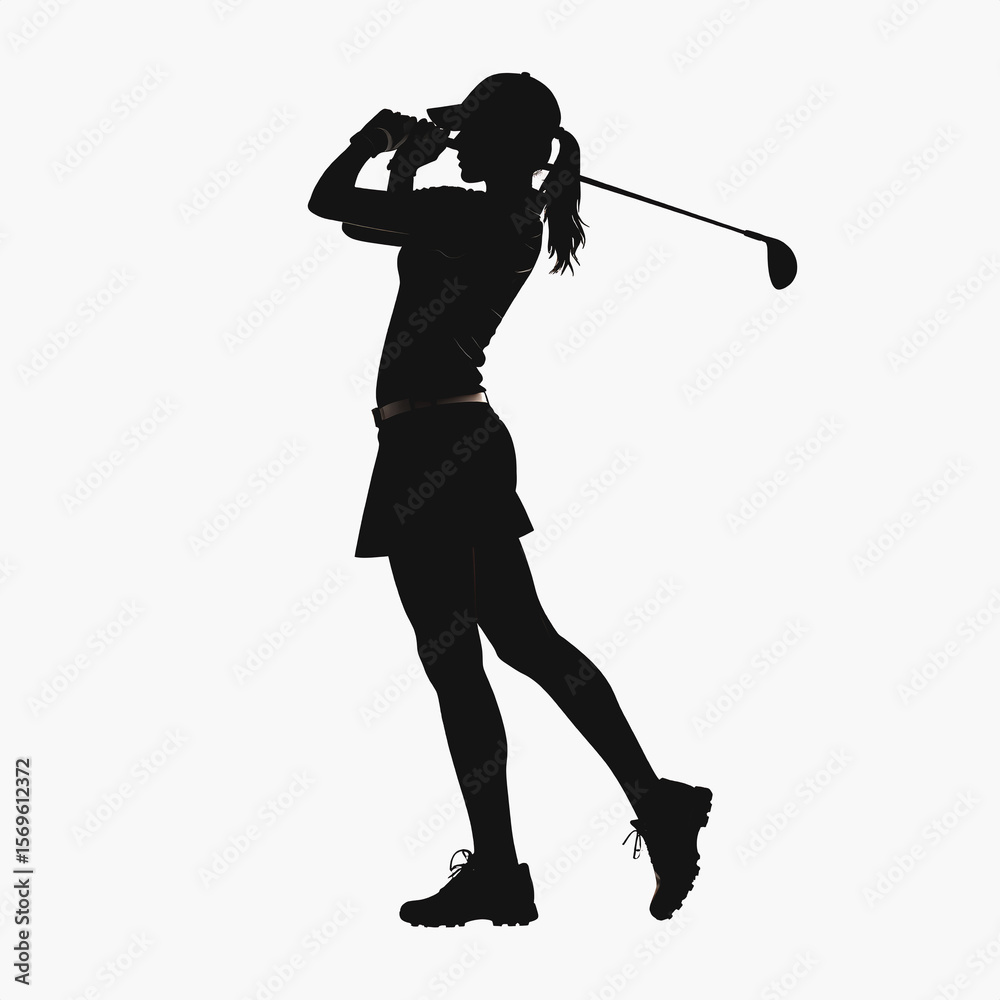 Obraz premium A silhouette of a female golfer gracefully swings a club
