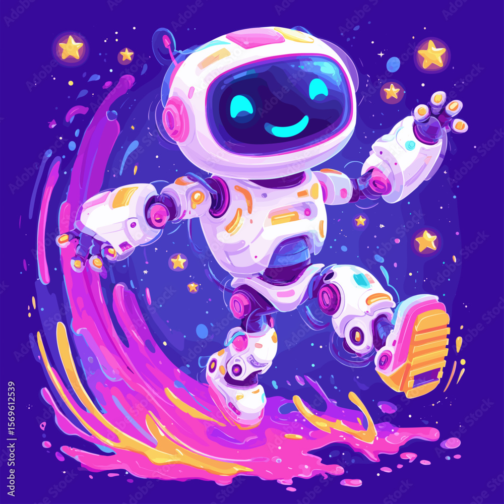 Fototapeta premium Cute colorful robot skating in outer space with stars and neon splash trail futuristic cartoon character illustration in vibrant style