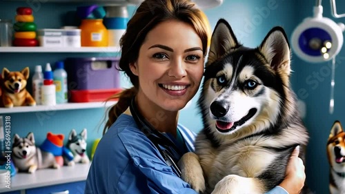Cheerful female veterinarian embraces a happy husky in a bright clinic.