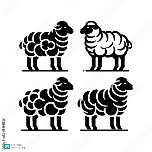 set of sheep vector black and white illustration