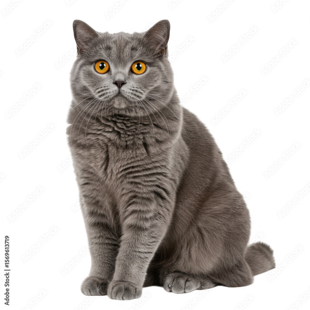 A beautiful plush grey british shorthair cat with bright orange eyes sitting attentively on a transparent background isolated on transparent background A beautiful plush grey british shorthair cat with bright orange eyes sitting attentively on a transparent background isolated on transparent background