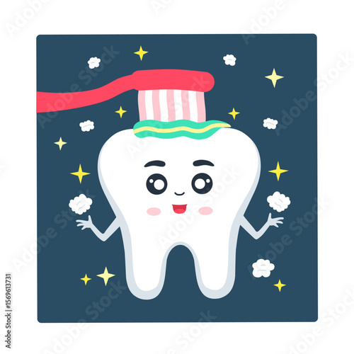 cute cartoon teeth and toothbrush. Illustration of toothbrush at night. Design concept for children with the theme of maintaining dental hygiene