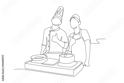 Chef and student pose happily. Cooking classes concept one-line drawing