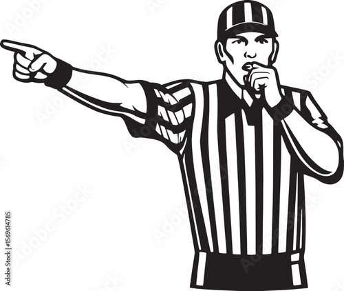 Detailed vector of a referee pointing and blowing a whistle in black and white. Suitable for judging, rules, and fair play content.